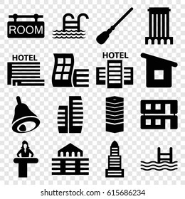 Hotel icons set. set of 16 hotel filled icons such as airport desk, modern curved building, business centre, business center, mop, pool, bell, house building, room tag
