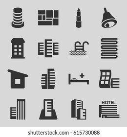 Hotel icons set. set of 16 hotel filled icons such as building, modern curved building, towels, lugagge, medical bed, bell, house building, hotel