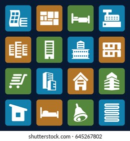 Hotel icons set. set of 16 hotel filled icons such as building, modern curved building, towels, bed, lugagge, luggage cart, bell
