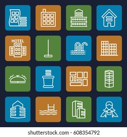 Hotel icons set. set of 16 hotel outline icons such as building, modern curved building, business centre, business center, mop, maid, towels, pool, lugagge, bell, pool ladder