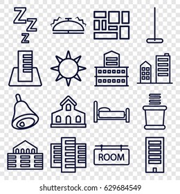 Hotel icons set. set of 16 hotel outline icons such as building, mop, towels, lugagge, bell, room tag, hotel, bed
