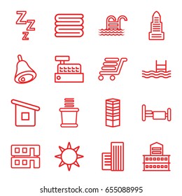 Hotel icons set. set of 16 hotel outline icons such as business centre, business center, building, towels, bed, pool, luggage cart, bell, house builidng, hotel, pool ladder