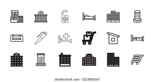Hotel icons. set of 18 editable outline hotel icons: bed, modern curved building, building, luggage cart, house builidng, room tag, builidng, building   isolated  sign symbol