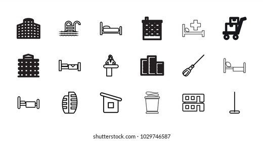 Hotel icons. set of 18 editable outline hotel icons: airport desk, bed, mop, house builidng, builidng, pool ladder, building   isolated  sign symbol, building, towels