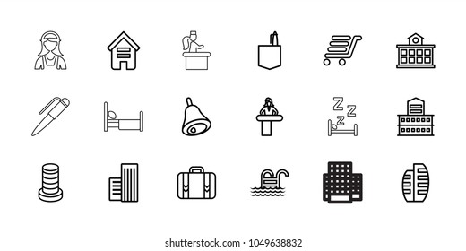 Hotel icons. set of 18 editable outline hotel icons: airport desk, building, office room, luggage cart, luggage, bell, builidng, pool ladder, business center, maid, zzz