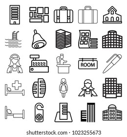 Hotel icons. set of 25 editable outline hotel icons such as building, modern curved building, building   isolated  sign symbol, do not disturb, maid, lugagge, luggage, bell