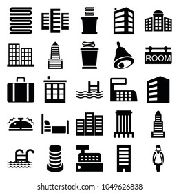 Hotel icons. set of 25 editable filled hotel icons such as building, building   isolated  sign symbol, business center, towels, pool, bell, room tag, pool ladder, maid, bed