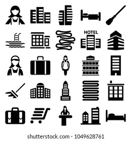 Hotel icons. set of 25 editable filled hotel icons such as airport desk, building   isolated  sign symbol, business center, building, mop, towels, maid, bed, luggage cart