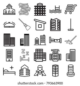 Hotel icons. set of 25 editable outline hotel icons such as building, bed, business centre, mop, maid, pool, luggage cart, medical bed, house builidng, builidng, bell, hotel