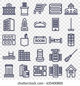 Hotel icons set. set of 25 hotel outline icons such as bed, building, business centre, business center, mop, towels, office room, pool, lugagge, luggage cart, house builidng