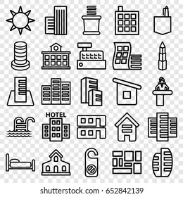 Hotel icons set. set of 25 hotel outline icons such as airport desk, building, modern curved building, do not disturb, towels, office room, lugagge, house builidng, builidng