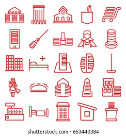 Hotel icons set. set of 25 hotel outline icons such as building, modern curved building, business center, mop, maid, towels, office room, bed, luggage cart, medical bed