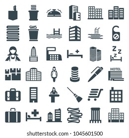 Hotel icons. set of 36 editable filled hotel icons such as airport desk, building, business center, towels, maid, office room, pool, luggage cart, luggage, medical bed, bell