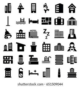 Hotel icons set. set of 36 hotel filled icons such as airport desk, building, building   isolated  sign symbol, business center, mop, towels, do not disturb, maid, bed, pool