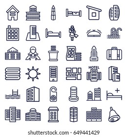 Hotel icons set. set of 36 hotel outline icons such as bed, building, modern curved building, business centre, building   isolated  sign symbol, business center, towels
