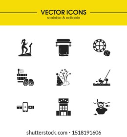 Hotel icons set with 5 star hotel, online booking and fun elements. Set of hotel icons and mobile transfer concept. Editable vector elements for logo app UI design