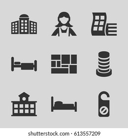 Hotel icons set. set of 9 hotel filled icons such as modern curved building, building   isolated  sign symbol, do not disturb, maid, bed, lugagge