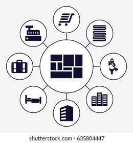 Hotel icons set. set of 9 hotel filled icons such as building, towels, maid, bed, lugagge, luggage cart