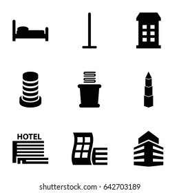 Hotel icons set. set of 9 hotel filled icons such as building, modern curved building, mop, towels, hotel