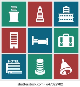 Hotel icons set. set of 9 hotel filled icons such as business center, building, towels, bed, luggage, bell