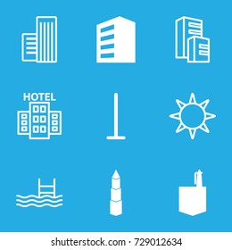 Hotel icons set. set of 9 hotel filled and outline icons such as building, mop, office room, pool
