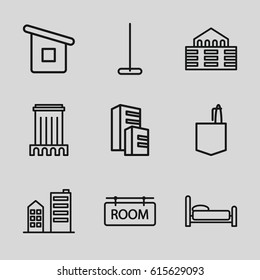 Hotel icons set. set of 9 hotel outline icons such as building, mop, office room, house builidng, room tag, builidng