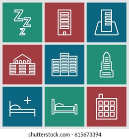 Hotel icons set. set of 9 hotel outline icons such as building, business center, medical bed, bed