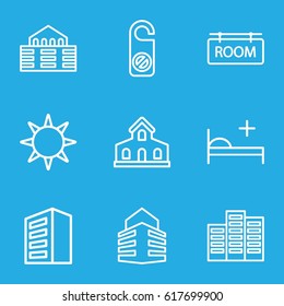 Hotel icons set. set of 9 hotel outline icons such as building, do not disturb, medical bed, room tag