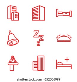 Hotel icons set. set of 9 hotel outline icons such as airport desk, bed, building, medical bed, bell