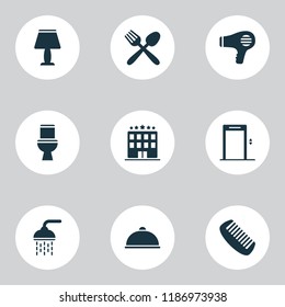 Hotel icons set with bathroom, hairdryer, comb and other barber elements. Isolated vector illustration hotel icons.