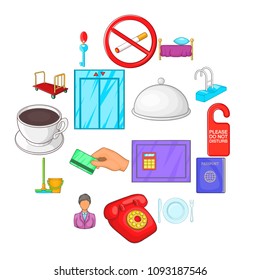 Hotel icons set in cartoon style. Hotel accommodation services set collection vector illustration
