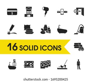 Iconos del hotel establecidos con el tiempo de salida, toallas y elementos de tarjeta de crédito. Conjunto de iconos de hotel y concepto de albergue. Elementos vectoriales editables para el diseño de la interfaz de usuario de la aplicación del logotipo.
