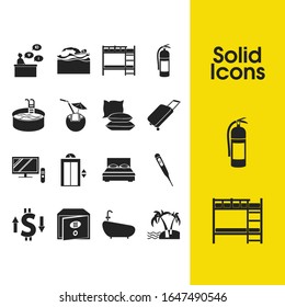 Hotel icons set with coconut drink, pillows and fire extinguisher elements. Set of hotel icons and cushion concept. Editable vector elements for logo app UI design.