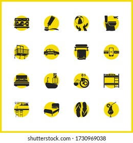 Iconos del hotel con cafetera, cama y elementos de limpieza dental. Juego de iconos de hotel y concepto de juego. Elementos vectoriales editables para el diseño de la interfaz de usuario de la aplicación del logotipo.