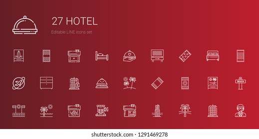 hotel icons set. Collection of hotel with beach, building, house, beach towel, reception bell, chest of drawers, travel, dinner, doorman, bed. Editable and scalable hotel icons.