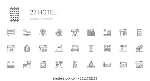 hotel icons set. Collection of hotel with bed, pool, door hanger, beach, house, sleep, chest of drawers, beach towel, dinner, office building. Editable and scalable hotel icons.