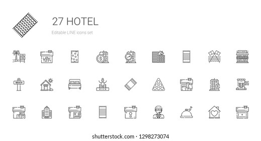 hotel icons set. Collection of hotel with dinner, doorman, house, beach towel, office building, pool, bed, beach, building, motel. Editable and scalable hotel icons.