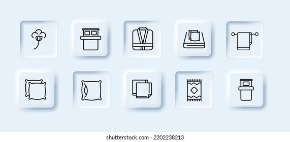 Hotel Icons Set. Cotton, Blanket, Towel, Hygiene, Dressing Gown, Washstand, Napkin. Hotel Concept. Neomorphism Style. Vector Line Icon For Business.