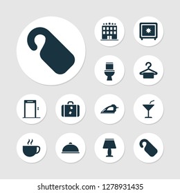 Hotel icons set with cup, lamp, hanger and other lift elements. Isolated vector illustration hotel icons.