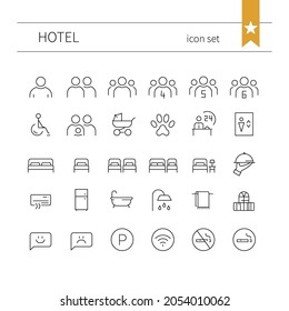 Conjunto de iconos del hotel: diferentes tipos de alojamiento, equipamiento de las habitaciones. Símbolos vectoriales de contorno aislados.