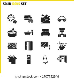 Hotel icons set with dry cleaning, swimming pool and sunglasses elements. Set of hotel icons and eyeglasses concept. Editable vector elements for logo app UI design.