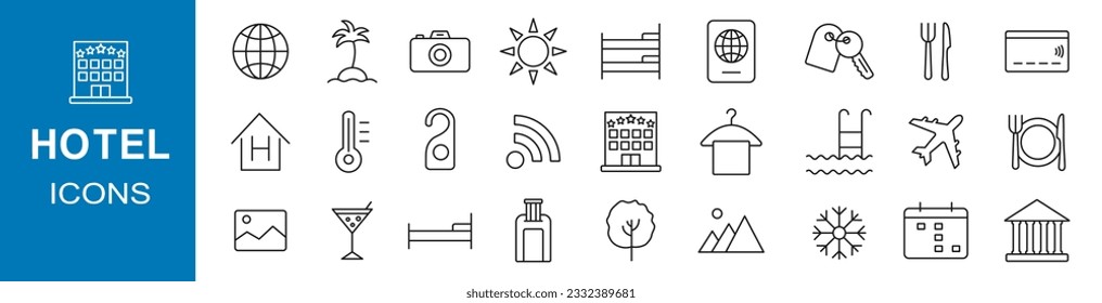 Hotel icons set. Hotel elements outline collection. Vector illustration.