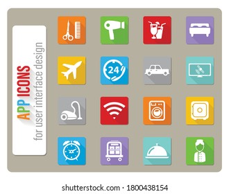 Hotel icons set in flat design with long shadow