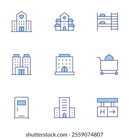 Hotel icons set. Line Duotone style, editable stroke. hotel, villa, bunk bed, room door, room service.