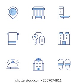 Hotel icons set. Line Duotone style, editable stroke. choultry, bell ring, hostel, hotel, room key, towel, slippers, handle.