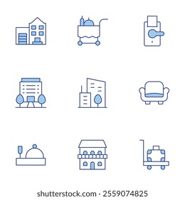 Hotel icons set. Line Duotone style, editable stroke. hotel, room service, city, baggage, building, couch, doorknob.