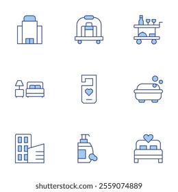 Hotel icons set. Line Duotone style, editable stroke. accomodation, bed, building, food trolley, hotel, soap, do not disturb, hotel cart, shampoo.