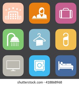 Hotel icons set on flat color style.