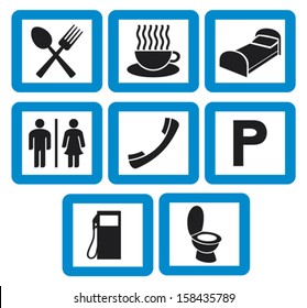 hotel icons set (petrol station, phone receiver, fork and spoon, man and woman toilet sign, coffee cup, parking, restaurant)