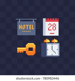 Hotel icons set. Pixel art flat style. Calendar, key and alarm clock. 